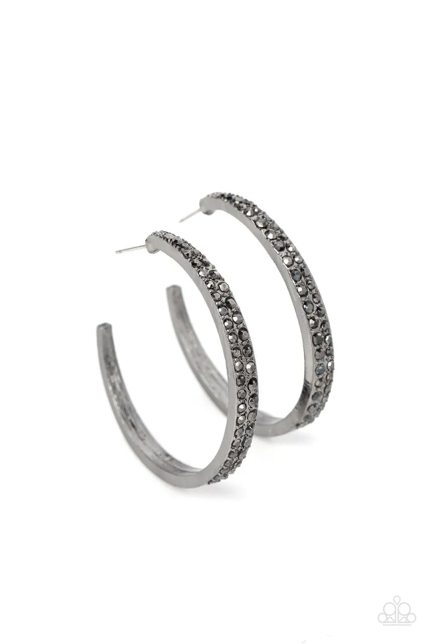 Tick, Tick, Boom! - Black - Hematite Rhinestone Gunmetal Paparazzi Hoop Earrings