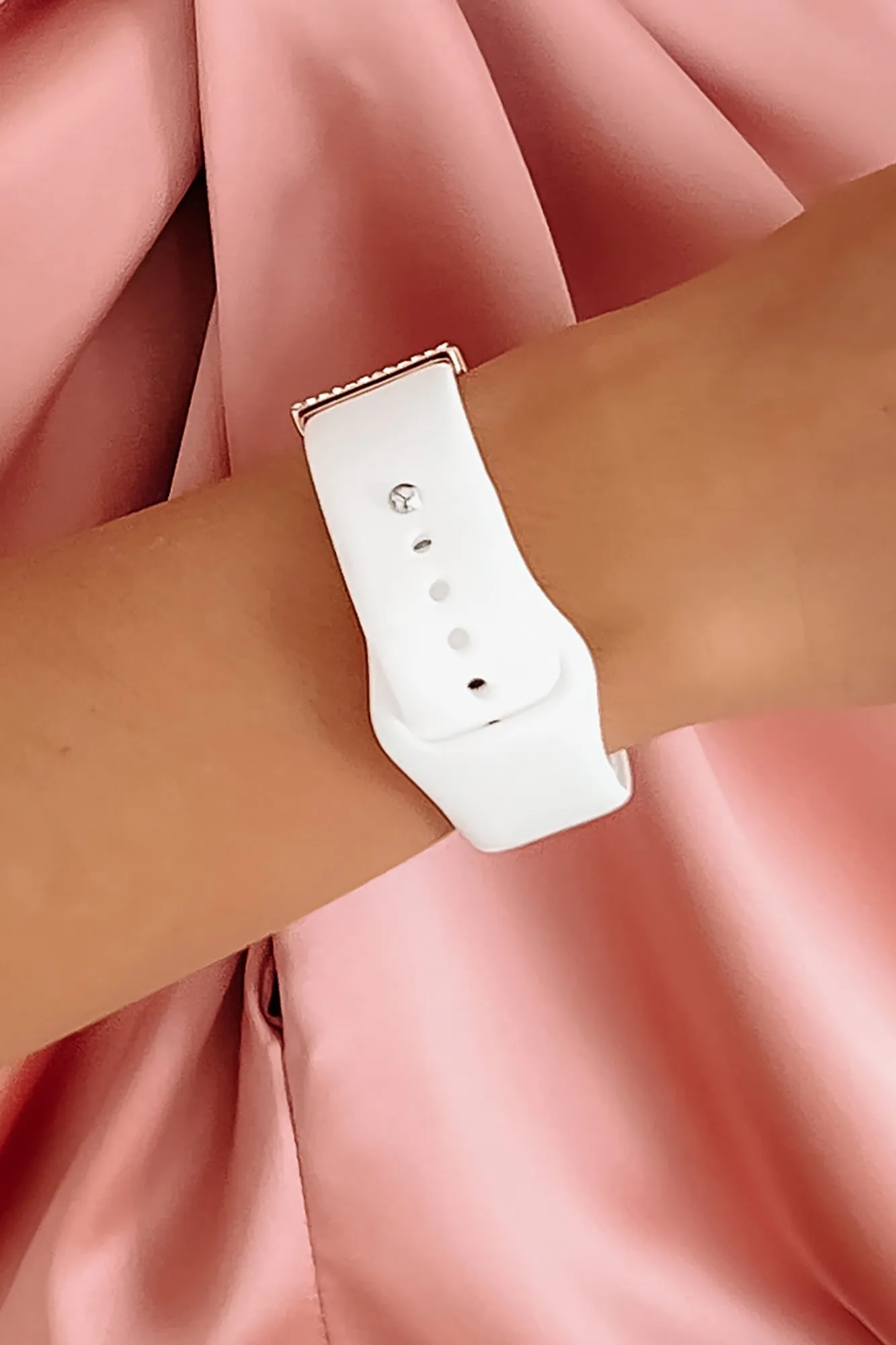 Time To Spare Silicone Apple Watch Band With Stackable Metal Accents (White/Rose Gold)