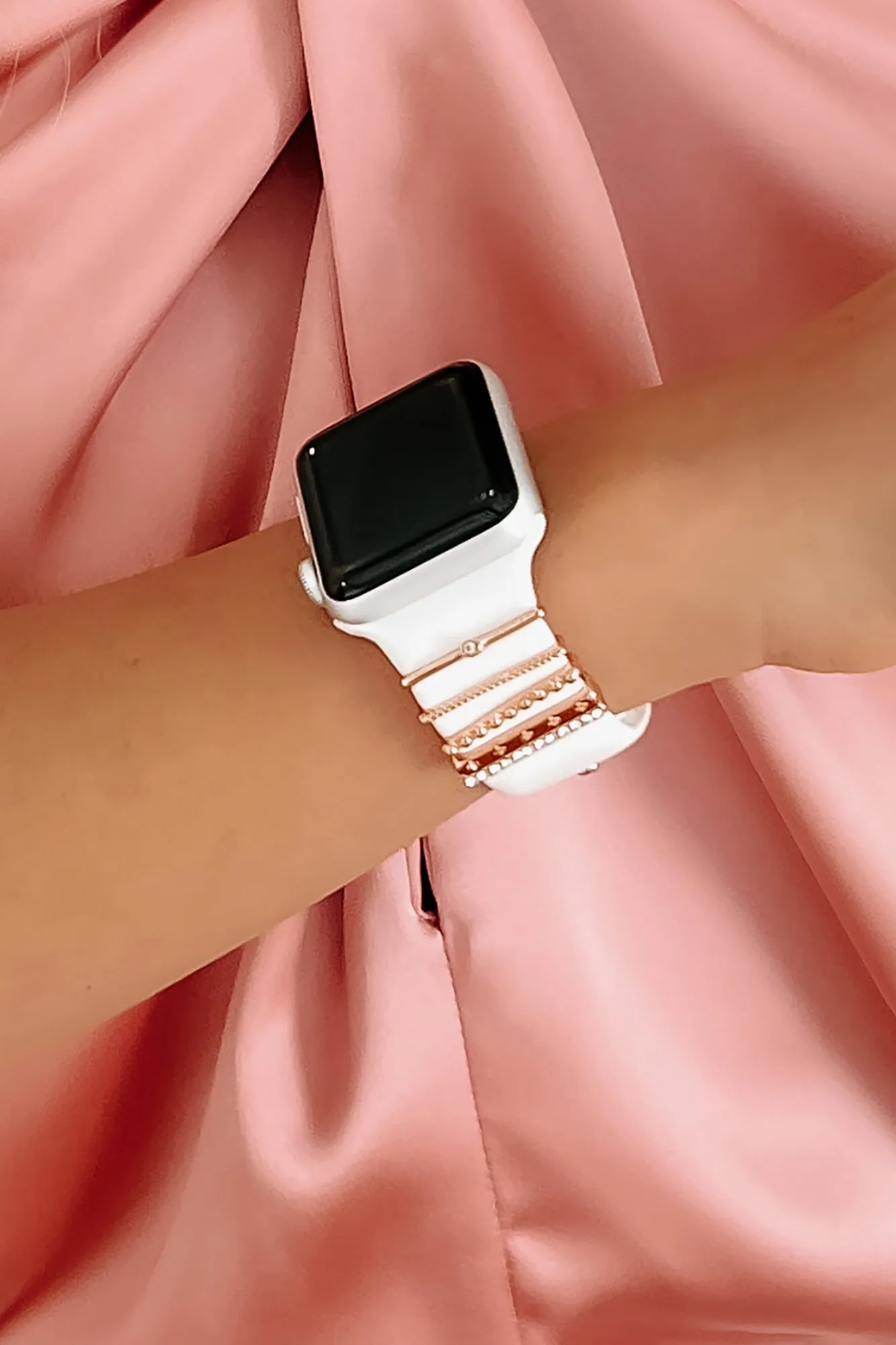 Time To Spare Silicone Apple Watch Band With Stackable Metal Accents (White/Rose Gold)