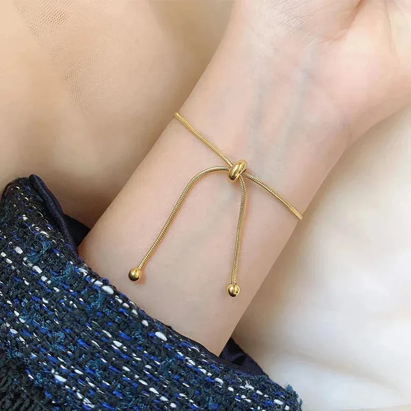 Titanium Steel Pull-out Adjustable Bracelet Gold Color Snake Chain Bangle for Women Girl Men Beads Jewelry