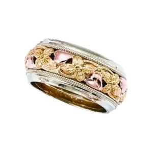 Tri-Colored Gold Flower Wedding Band
