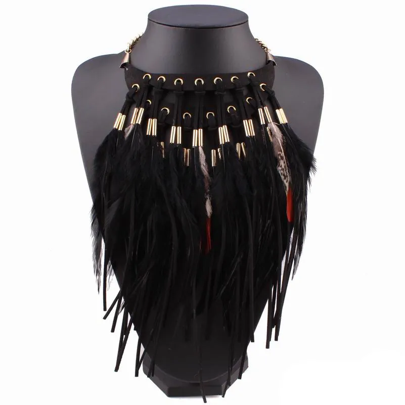 Tribal Feather Necklace Brown Or Black You Choose Vegan Leather Statement Choker Genuine Feathers Are A Symbol Of Freedom