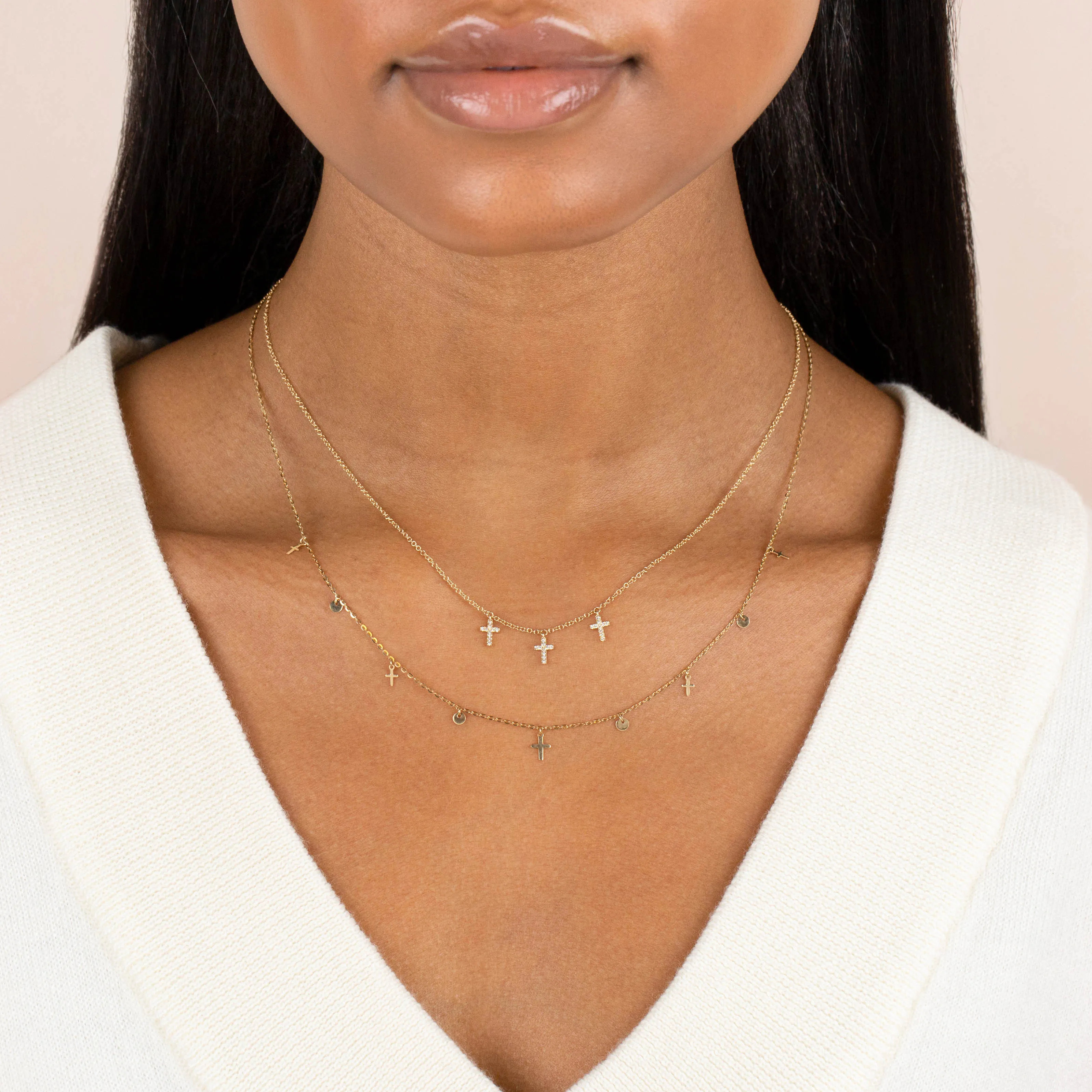 Triple Diamond Cross Necklace 14K