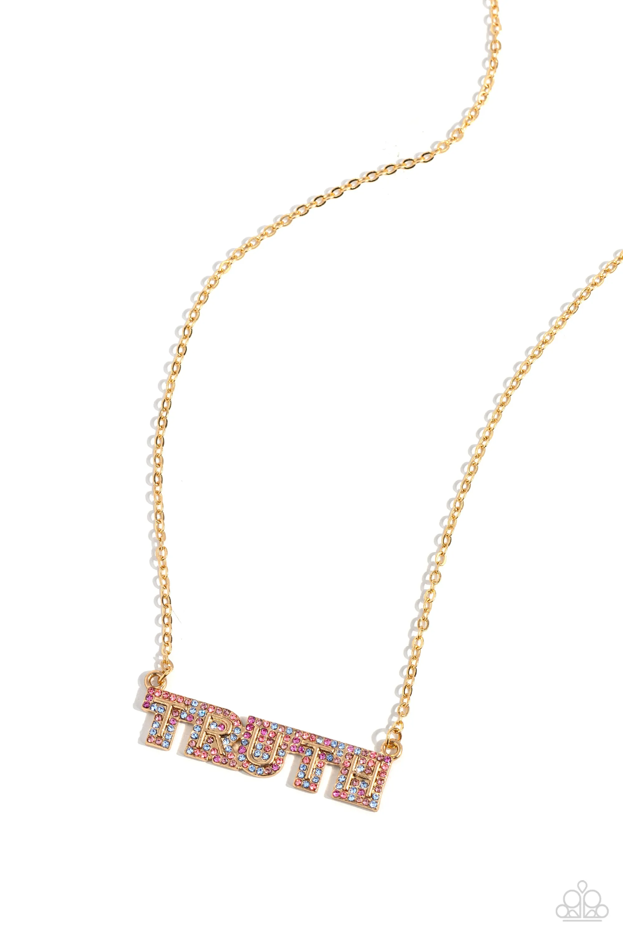 Truth Trinket - Gold - Multicolored Rhinestone "Truth" Inspirational/Religious Paparazzi Short Necklace