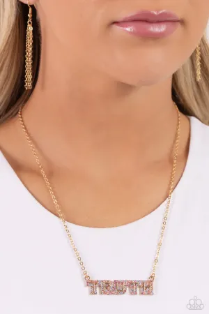Truth Trinket - Gold - Multicolored Rhinestone "Truth" Inspirational/Religious Paparazzi Short Necklace