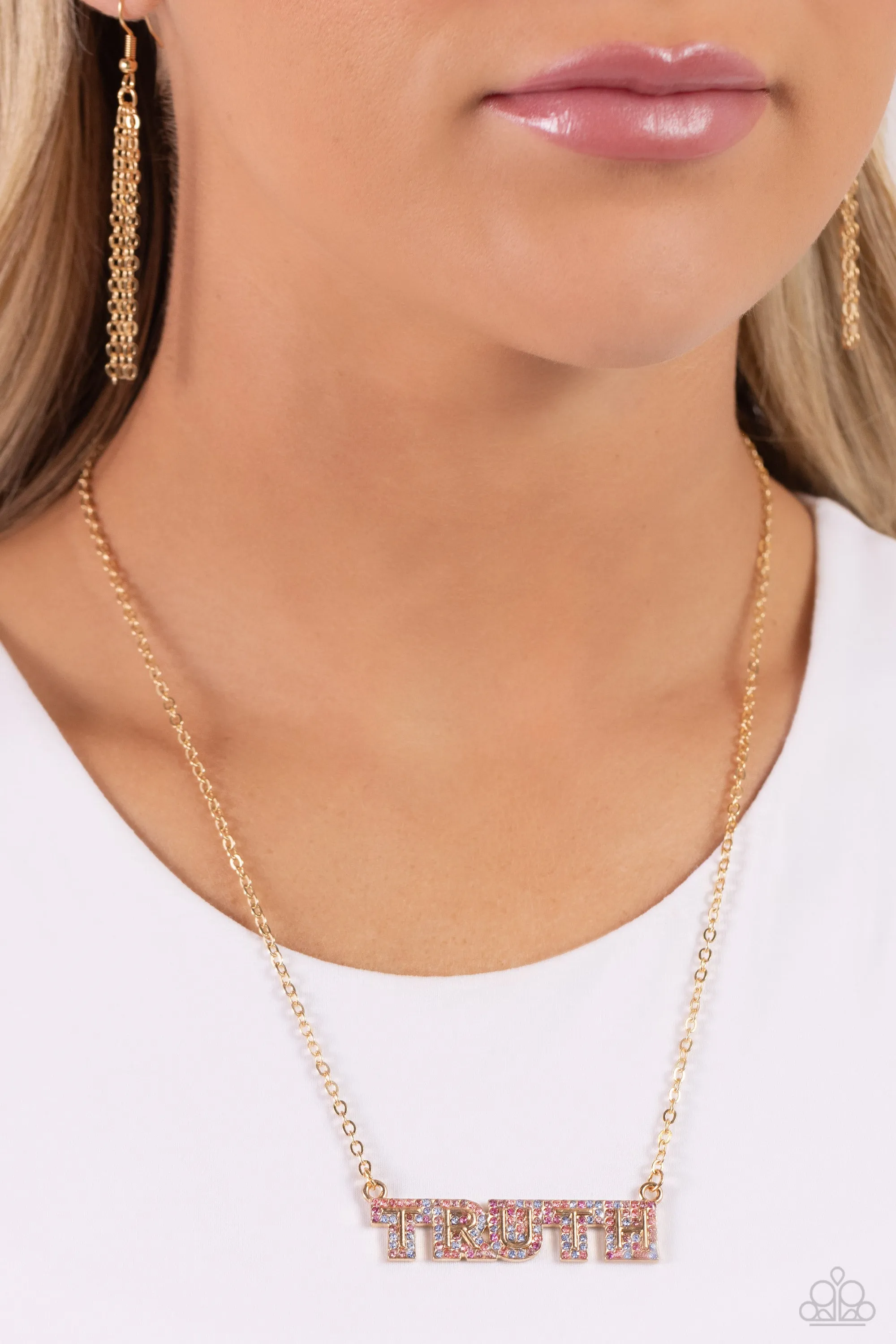 Truth Trinket - Gold - Multicolored Rhinestone "Truth" Inspirational/Religious Paparazzi Short Necklace