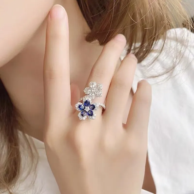 Unique Double Flower Ring for Women Wedding Silver Jewelry
