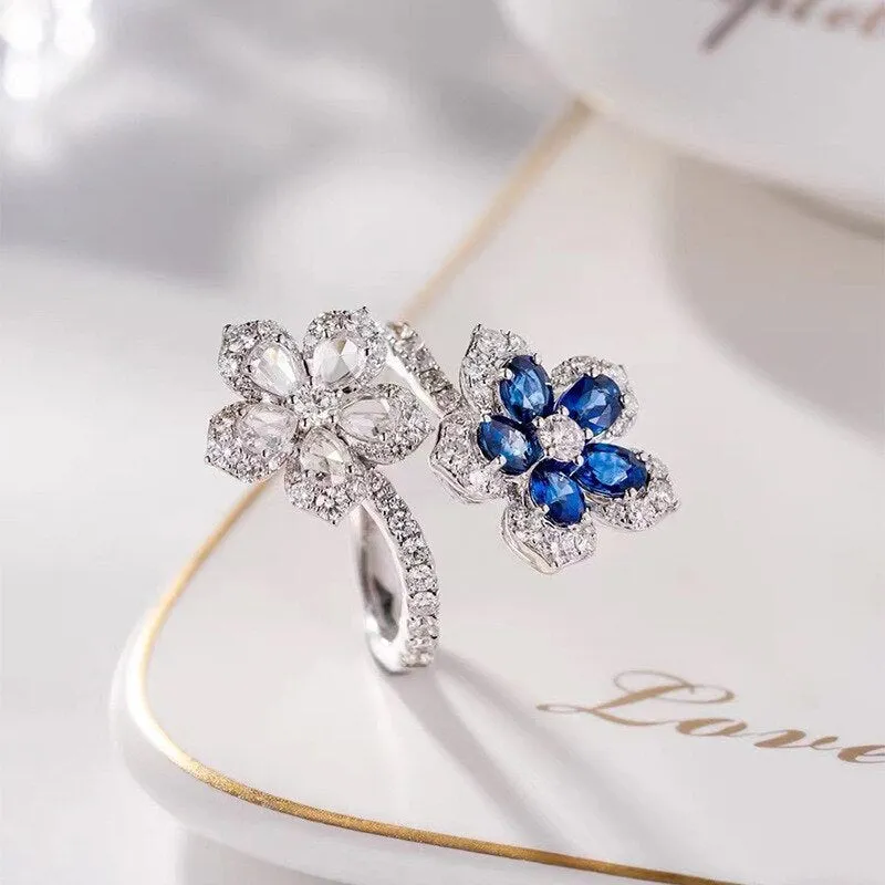 Unique Double Flower Ring for Women Wedding Silver Jewelry