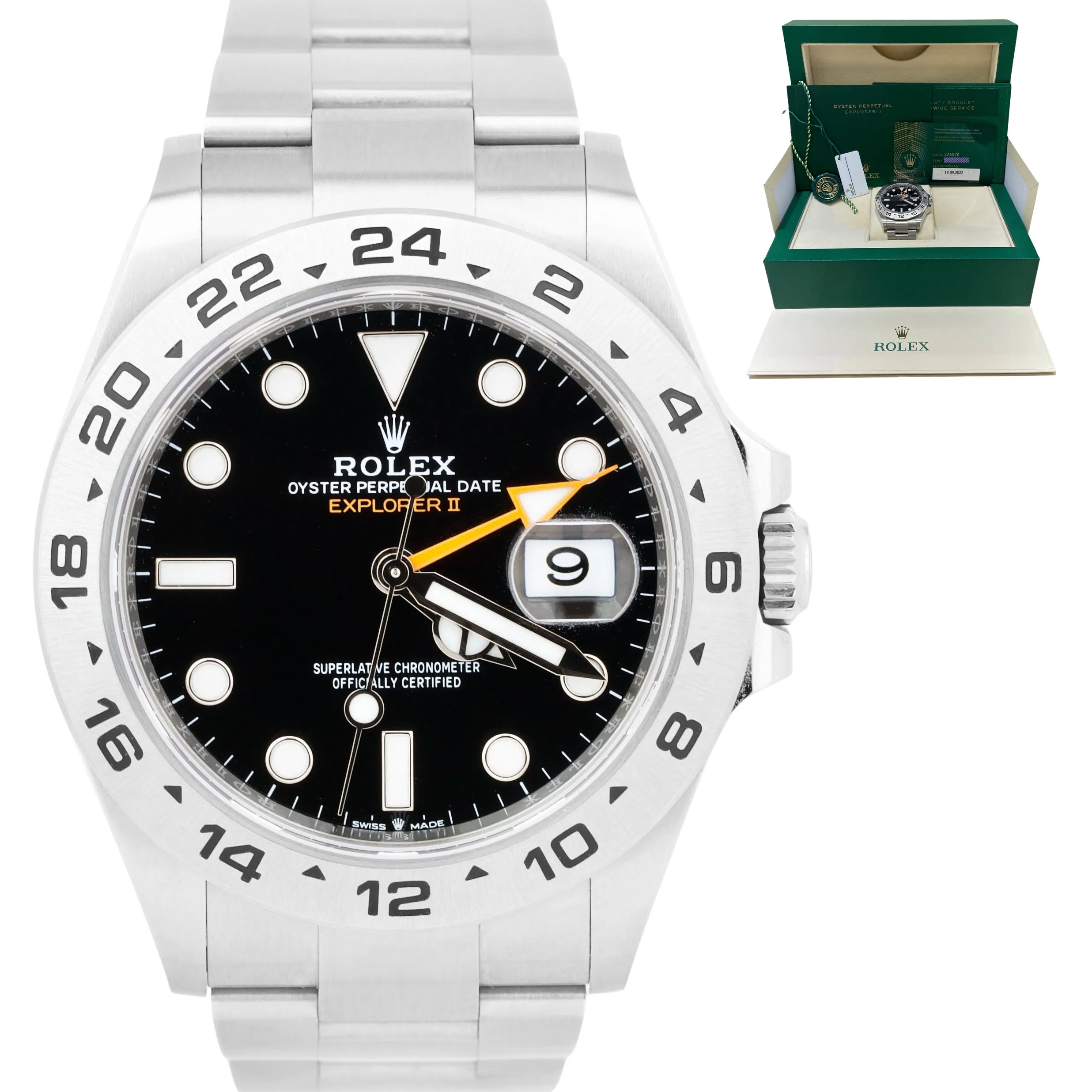 UNPOL. 2022 Rolex Explorer II Black Stainless Steel 42mm Date Watch 226570 B&P