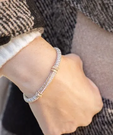 Vahan Sterling Silver & Yellow Gold Thin Diamond Pave Bar Bangle Bracelet