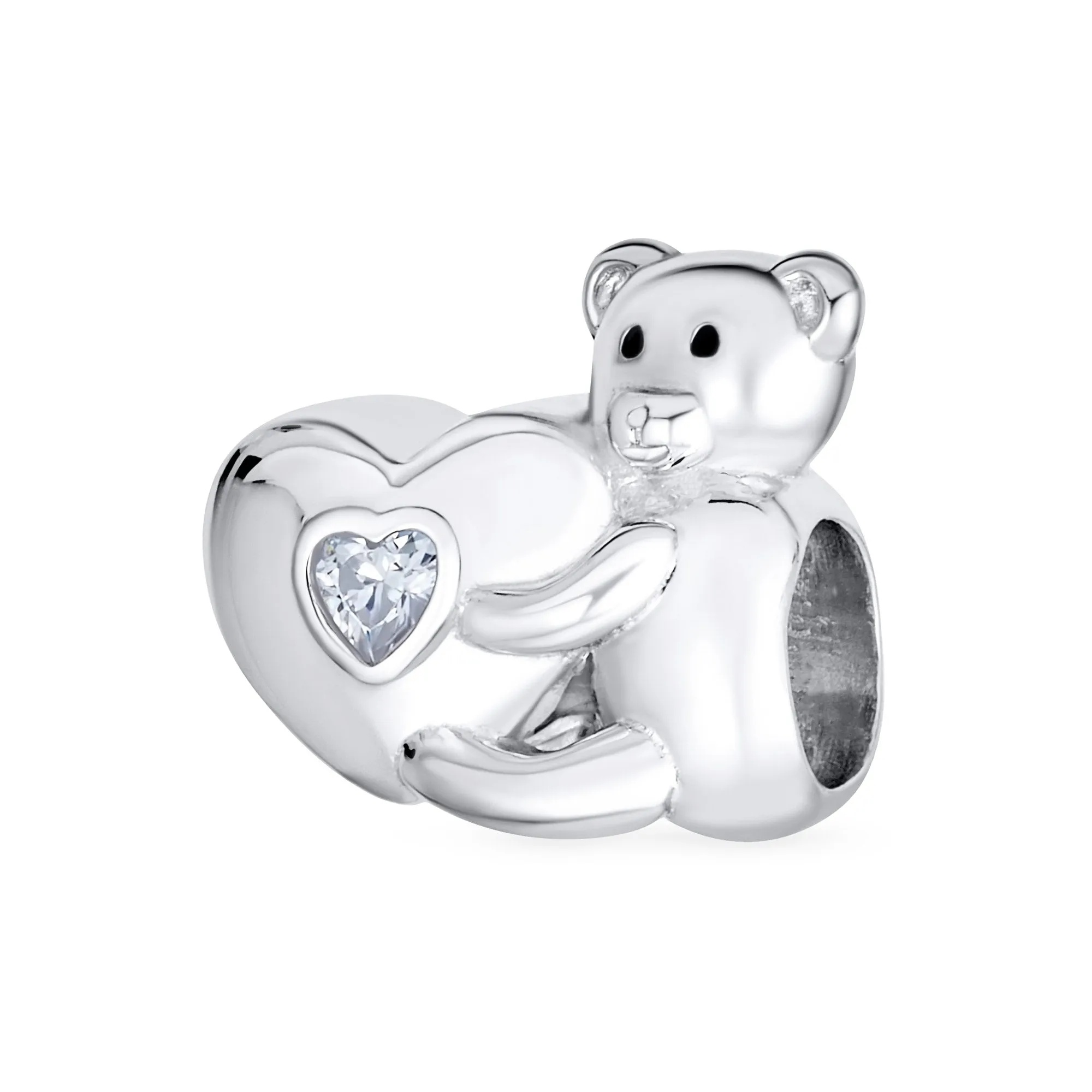 Valentine Heart Teddy Bear CZ Charm Bead for Tween Daughter Silver Bracelet