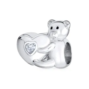 Valentine Heart Teddy Bear CZ Charm Bead for Tween Daughter Silver Bracelet