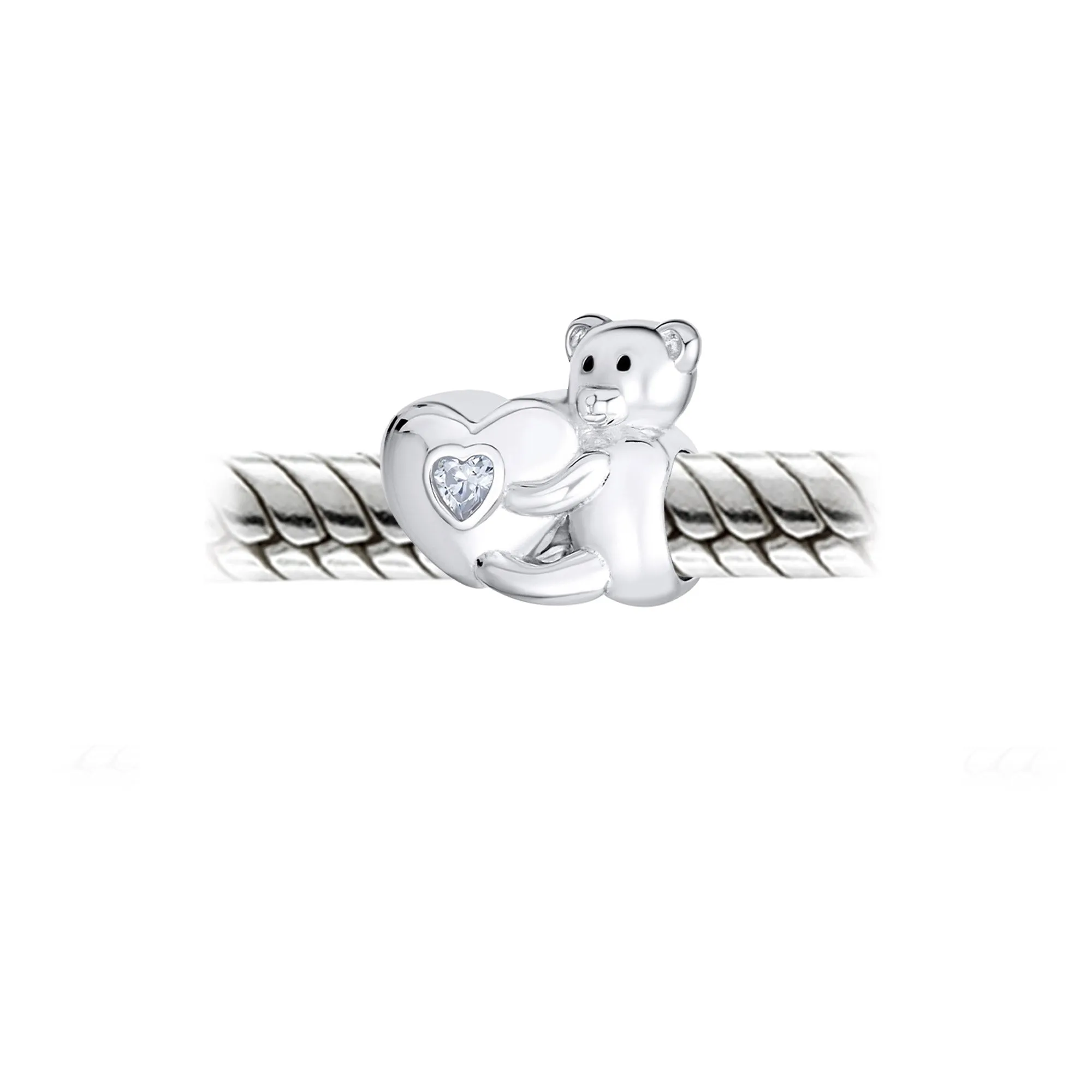 Valentine Heart Teddy Bear CZ Charm Bead for Tween Daughter Silver Bracelet