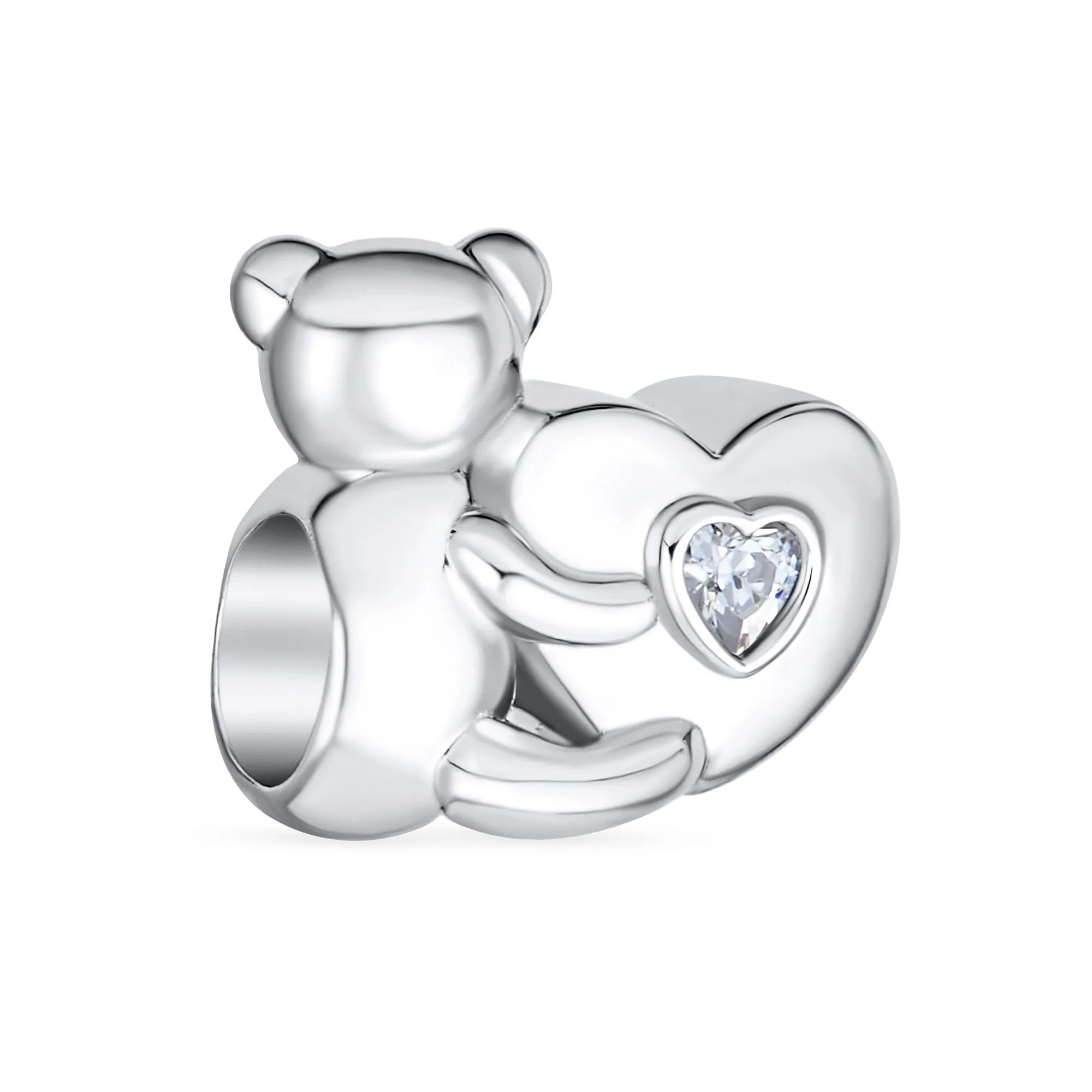Valentine Heart Teddy Bear CZ Charm Bead for Tween Daughter Silver Bracelet