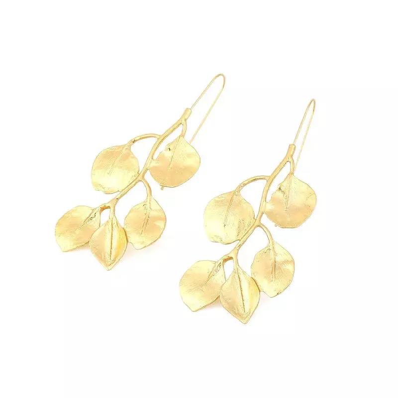 Vintage Golden Long Leaf Hoop Earrings