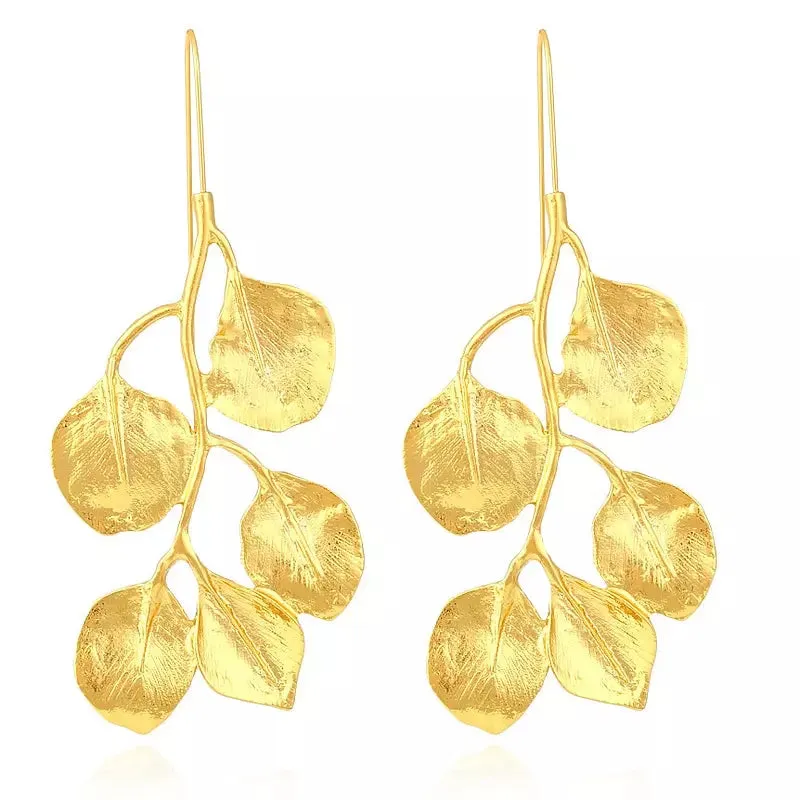 Vintage Golden Long Leaf Hoop Earrings