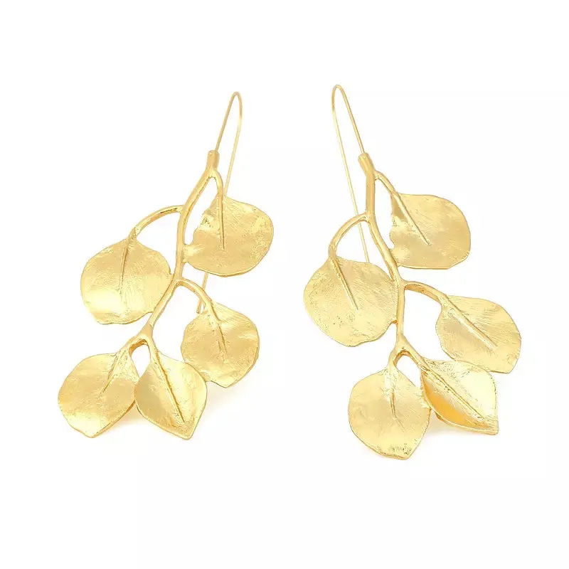 Vintage Golden Long Leaf Hoop Earrings