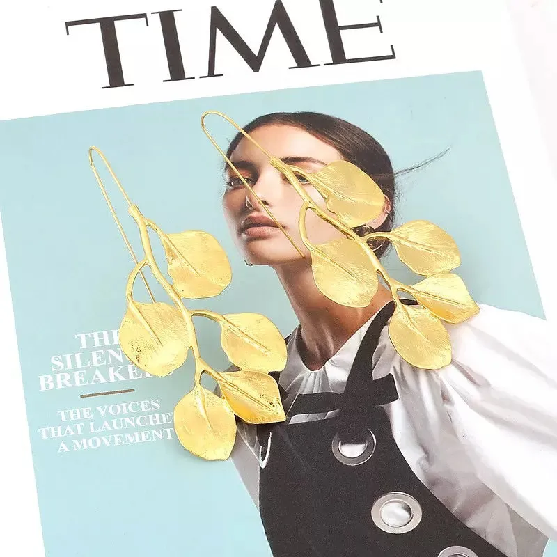 Vintage Golden Long Leaf Hoop Earrings