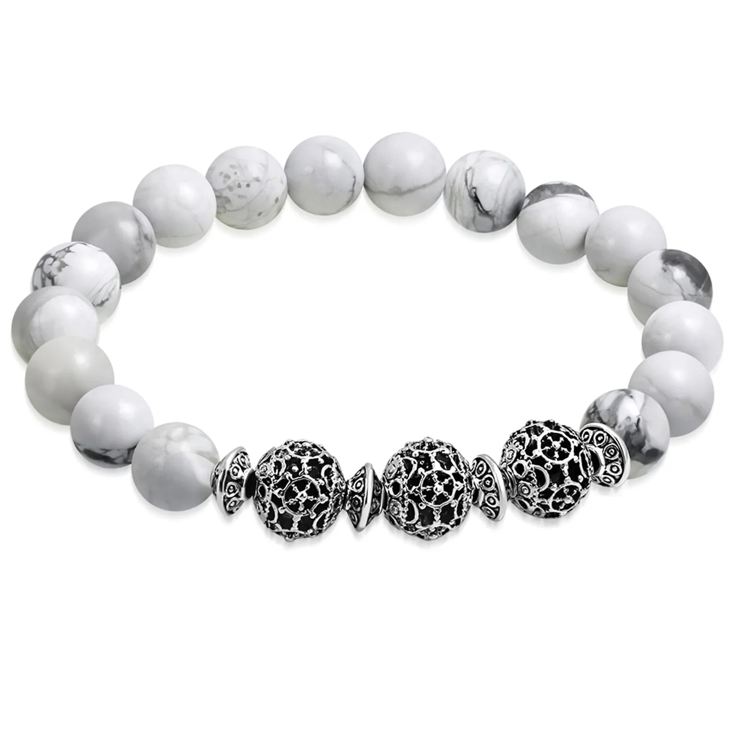 White Howlite Antique Bali Charm Healing Balance Meditation Buddha Bead Stretch Bracelet