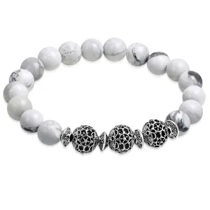 White Howlite Antique Bali Charm Healing Balance Meditation Buddha Bead Stretch Bracelet