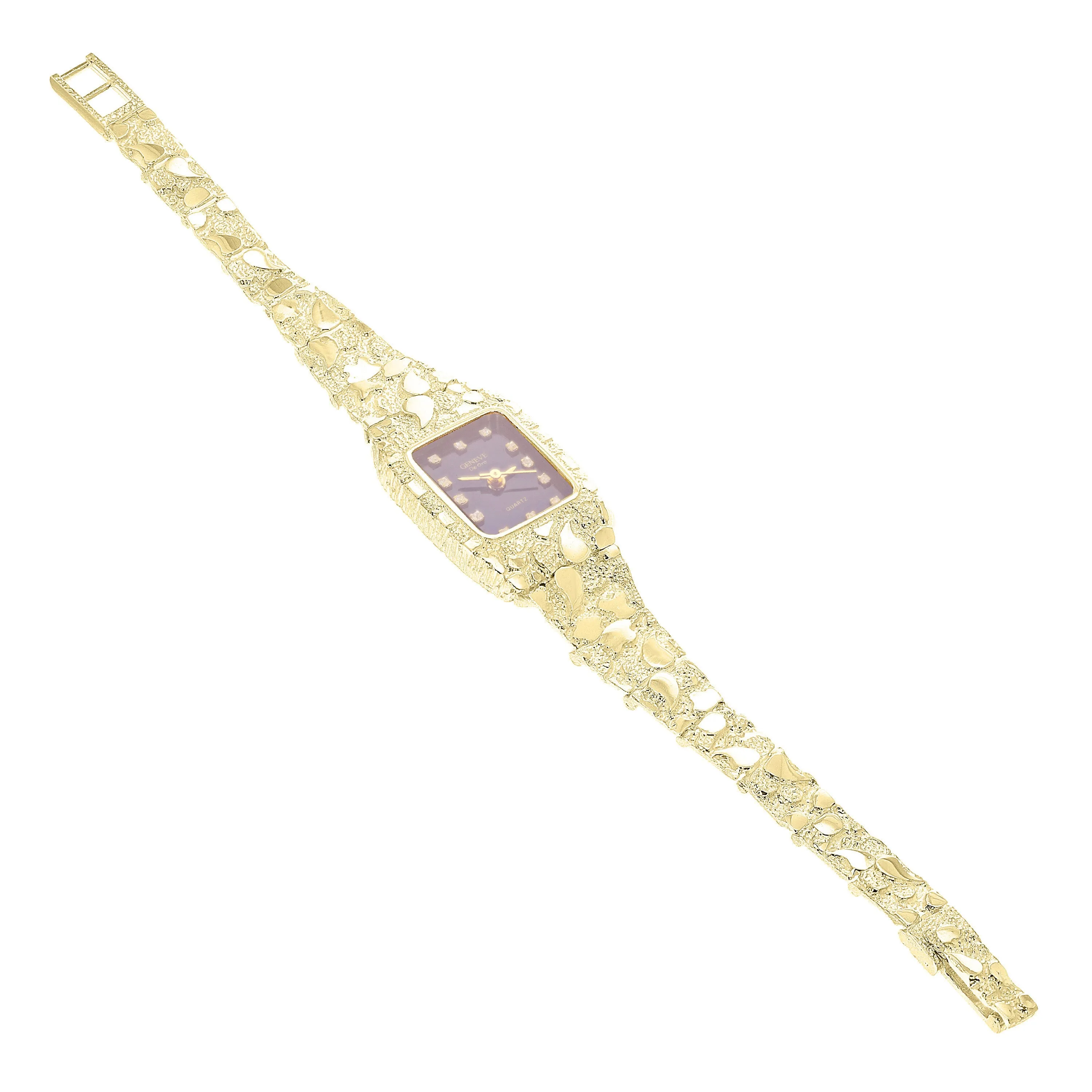 Women's 10k Yellow Gold Nugget Band Wrist Watch Geneve with Diamonds 6.5" - 8.5"