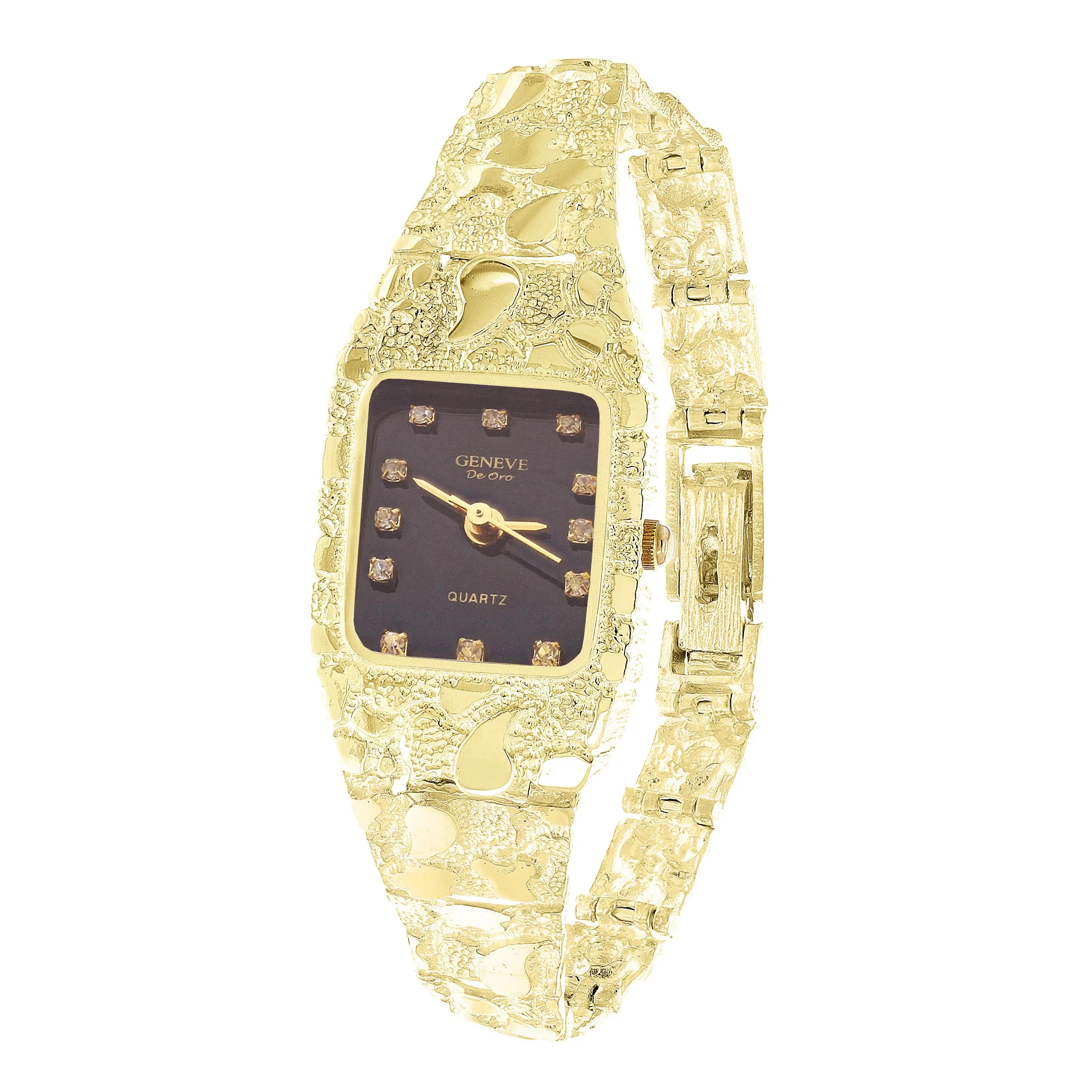 Women's 10k Yellow Gold Nugget Band Wrist Watch Geneve with Diamonds 6.5" - 8.5"