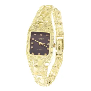 Women's 10k Yellow Gold Nugget Band Wrist Watch Geneve with Diamonds 6.5" - 8.5"