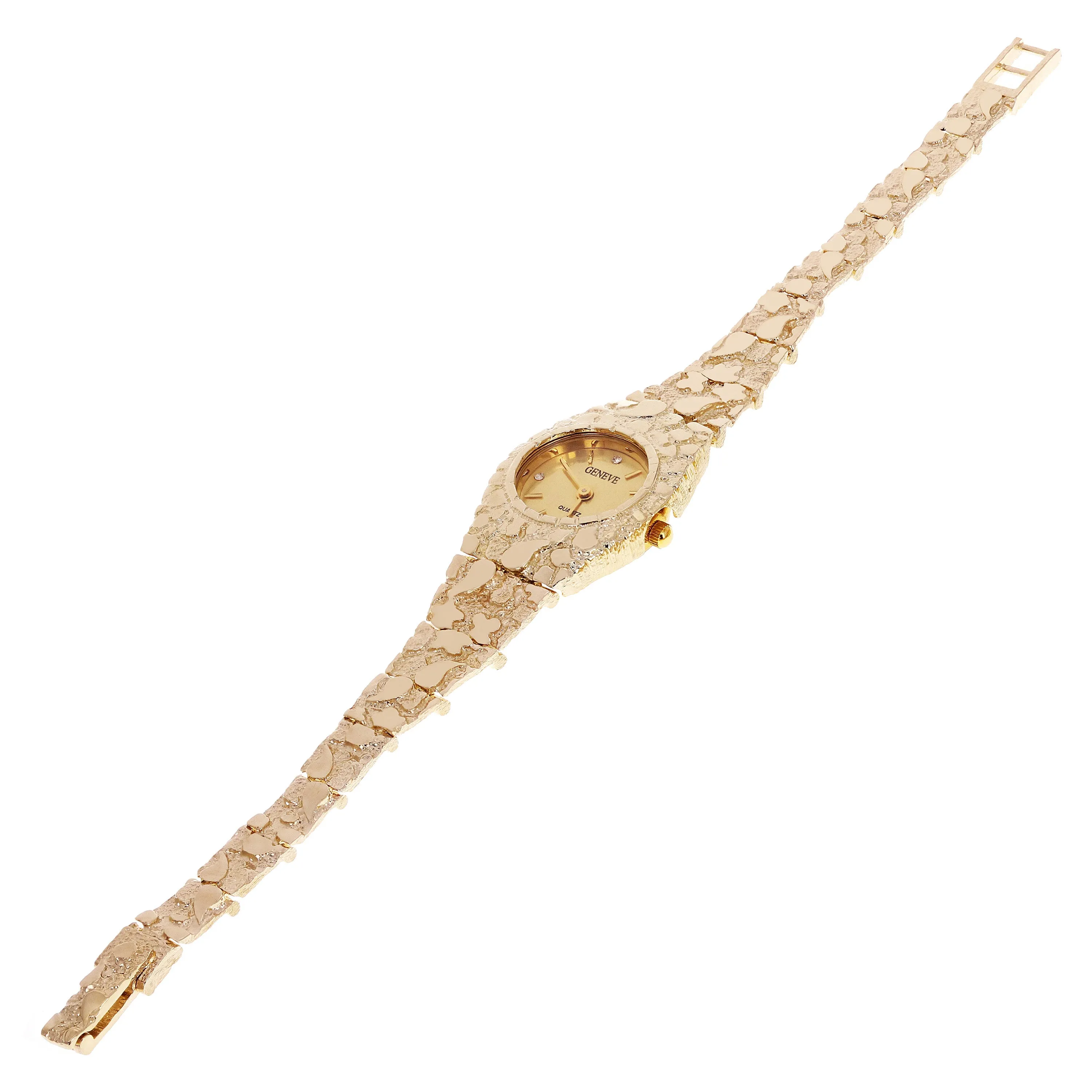 Women's 10k Yellow Gold Nugget Link Bracelet Geneve Wrist Watch with Diamonds 8"
