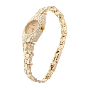 Women's 10k Yellow Gold Nugget Link Bracelet Geneve Wrist Watch with Diamonds 8"