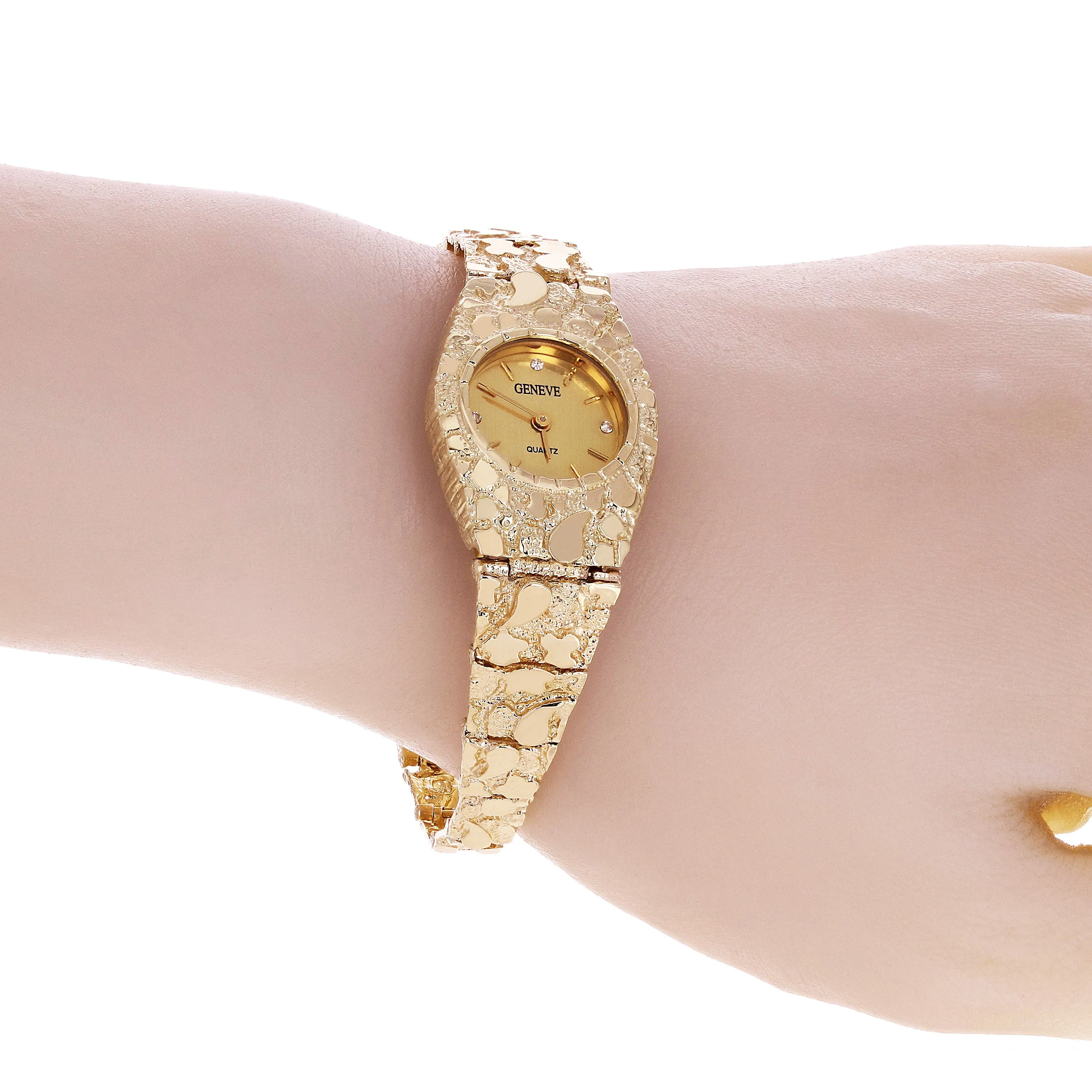 Women's 10k Yellow Gold Nugget Link Bracelet Geneve Wrist Watch with Diamonds 8"