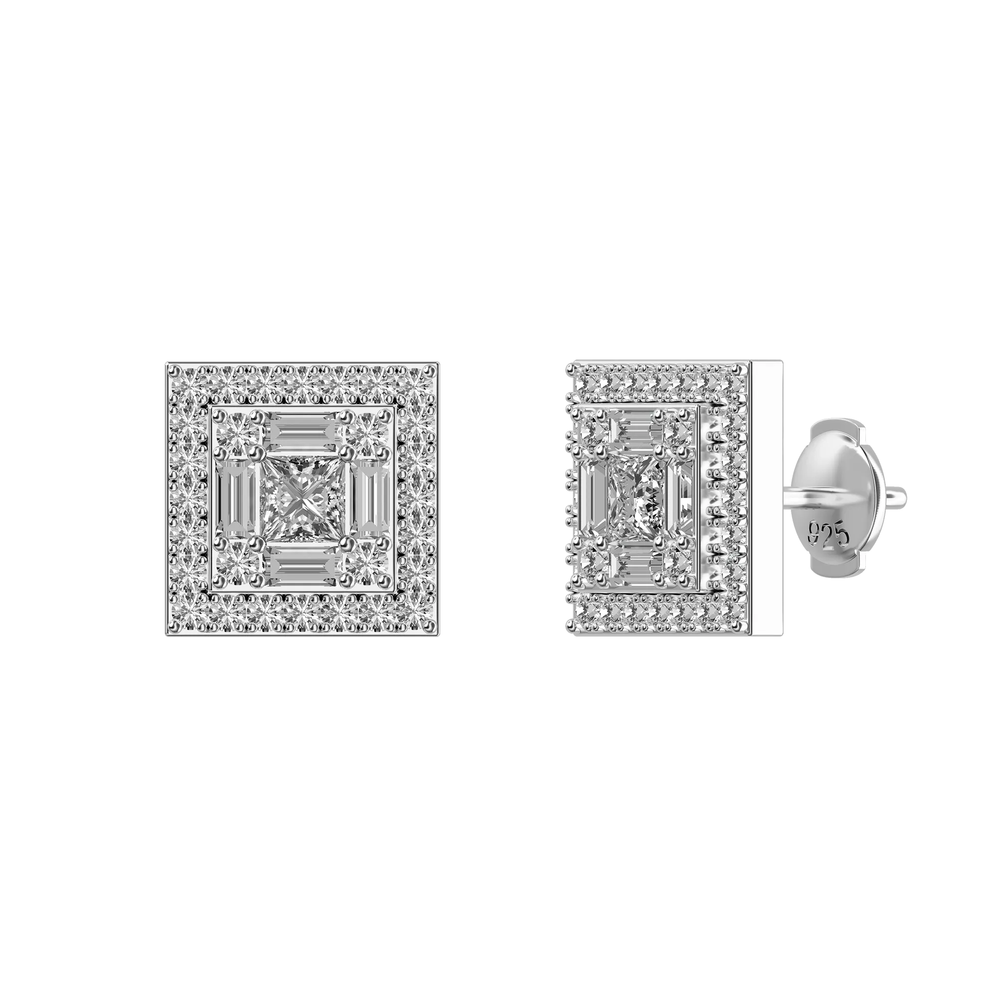 Women's Square Baguette Mix Halo Stud Earrings - Pair