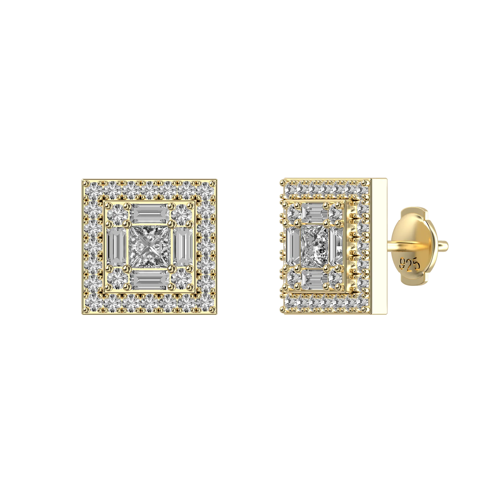 Women's Square Baguette Mix Halo Stud Earrings - Pair