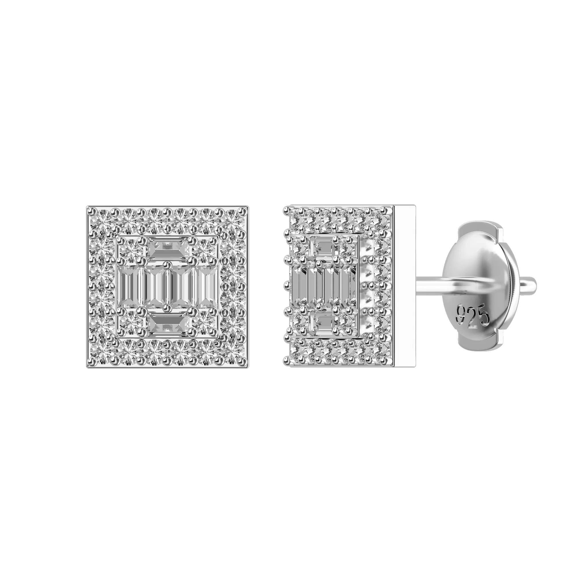 Women's Square Baguette Mix Halo Stud Earrings - Pair