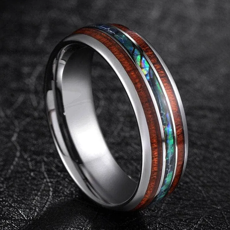 Wood & Abalone Shell Men's Tungsten Carbide Wedding Band