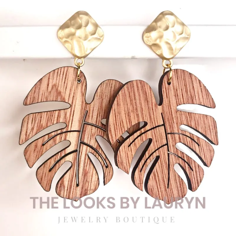 Wooden Monstera Leaf Earrings