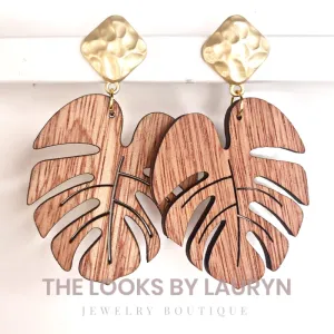 Wooden Monstera Leaf Earrings