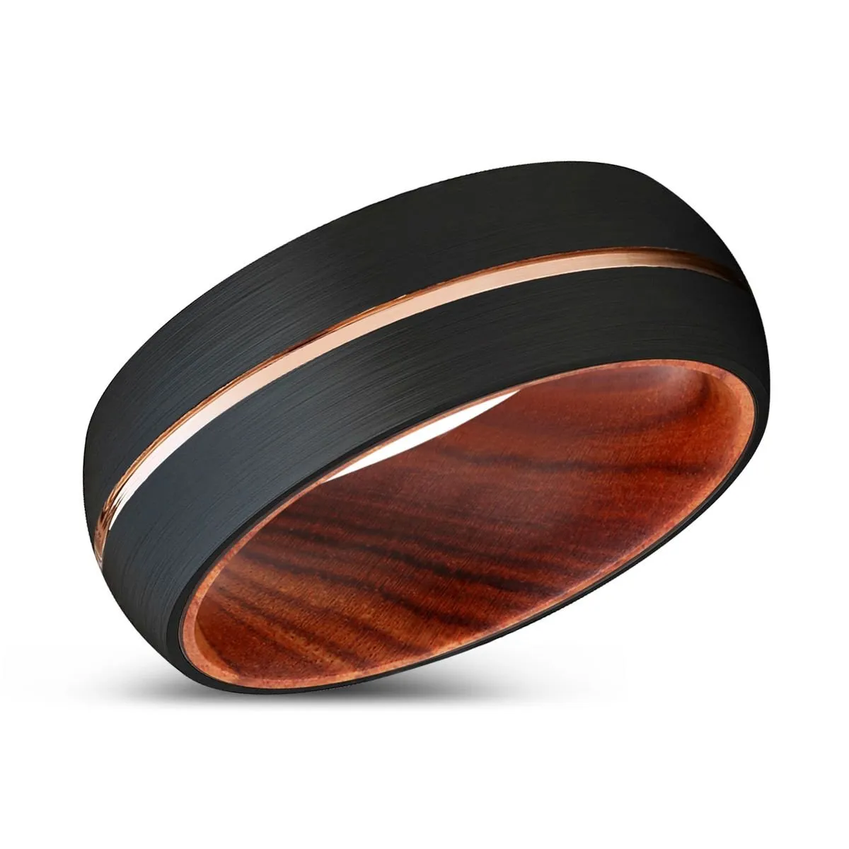 WOODY | IRON Wood, Black Tungsten Ring, Rose Gold Groove, Domed