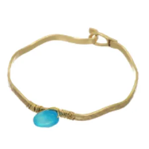 Worn Gold Tone Wavy Latch Bangle with Stone- Blue