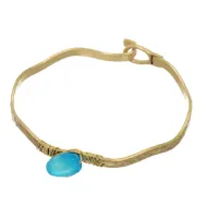 Worn Gold Tone Wavy Latch Bangle with Stone- Blue
