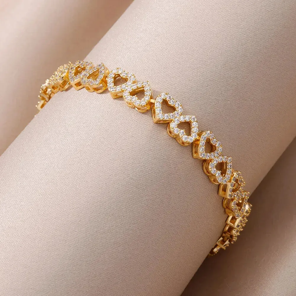 Zircon Heart Bracelets For Women Stainless Steel Gold Color Heart Charm Bracelet Luxury Wedding Jewelry