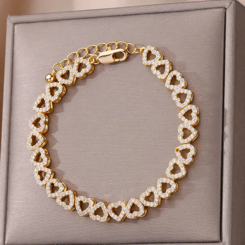 Zircon Heart Bracelets For Women Stainless Steel Gold Color Heart Charm Bracelet Luxury Wedding Jewelry